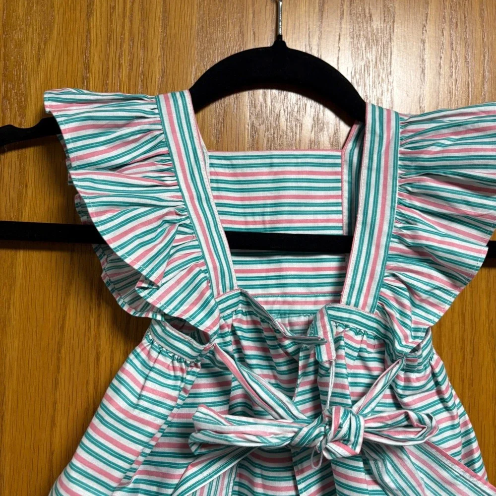 Vintage Baby toddler Floral Print Ruffle Sleeves Apron style strips Dutch ladied